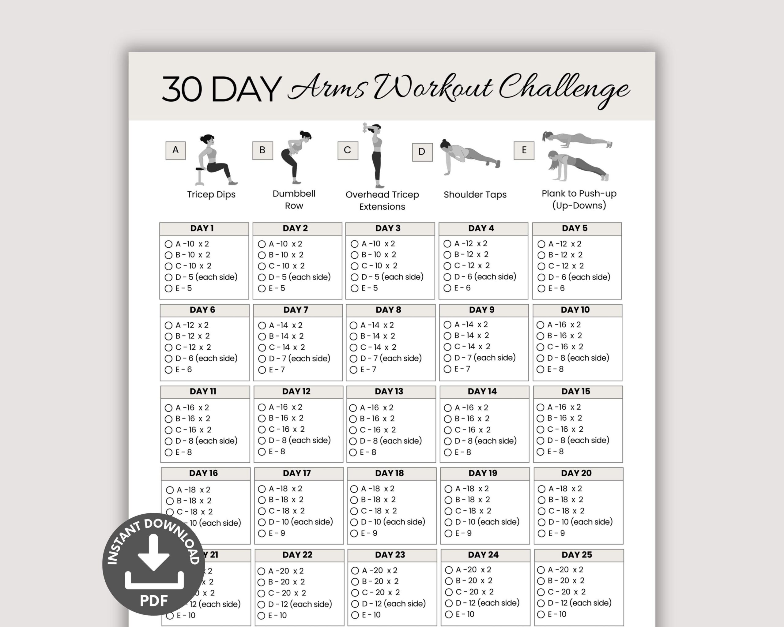 30 Day Arm Challenge Printable Toned Arms Workout Fitness Tracker Arm Workout Guide Exercise Plan Home Fitness Routine Summer Body Etsy