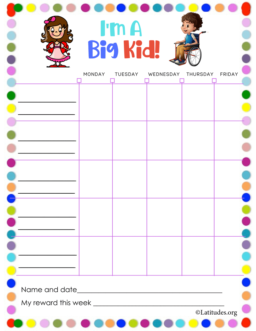 Boy Girl I M A Big Kid Blank Reward Chart Fillable ACN Latitudes