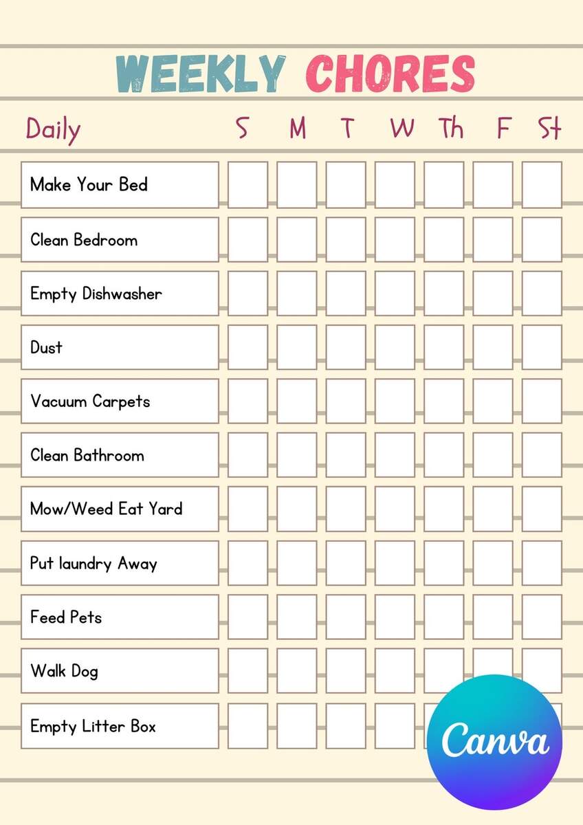 Chore Chart For Kids Pre Teens Teens With Fillable Lines Etsy Chore Chart For Kids Pre Teens Teens With Fillable Lines Etsy