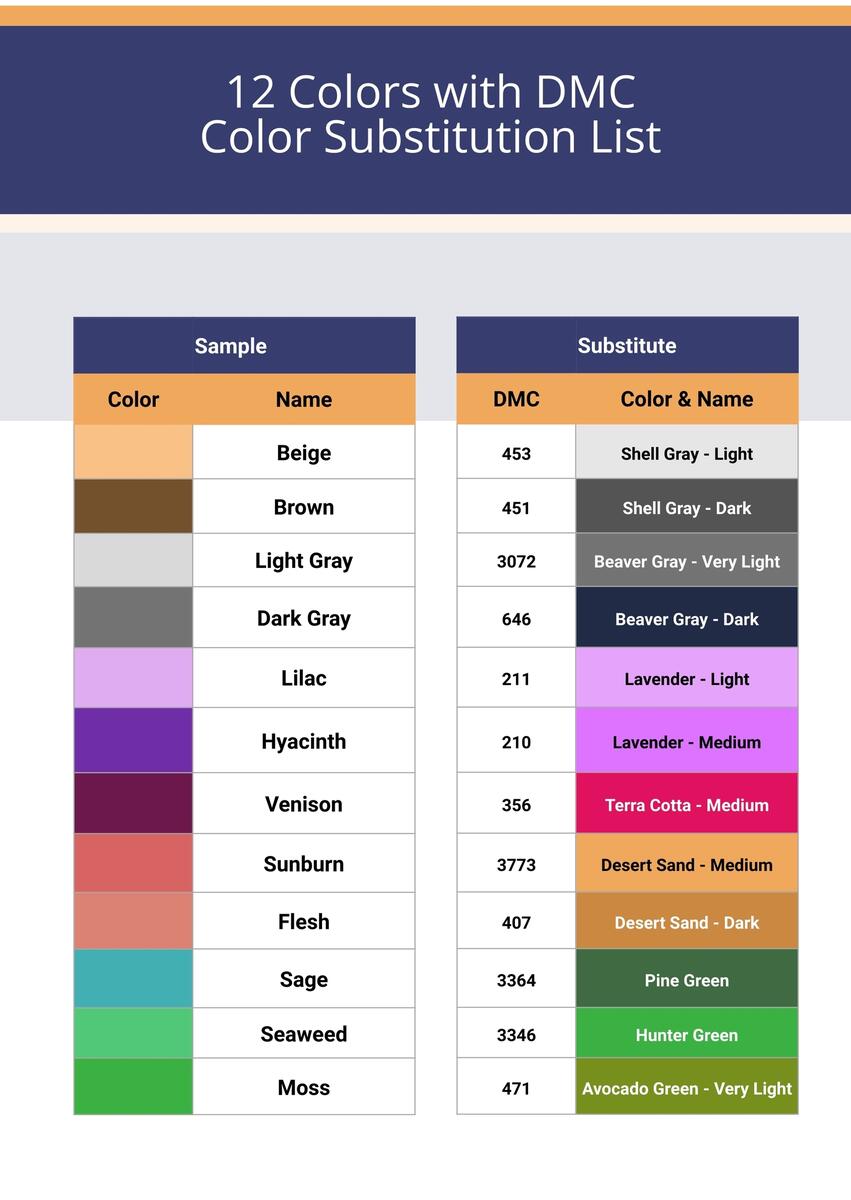 DMC Color Chart And Substitutions List In Illustrator PDF Download Template DMC Color Chart And Substitutions List In Illustrator PDF Download Template