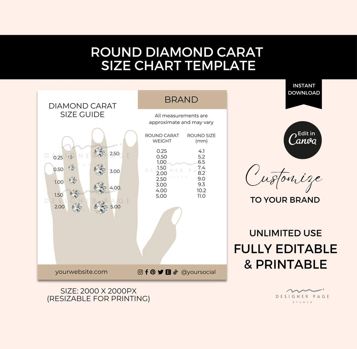 Editable Diamond Carat Size Chart Template Canva Printable Round Diamond Size Guide Mm Custom Jewelry Stone Measurement Chart Sizing Card Etsy