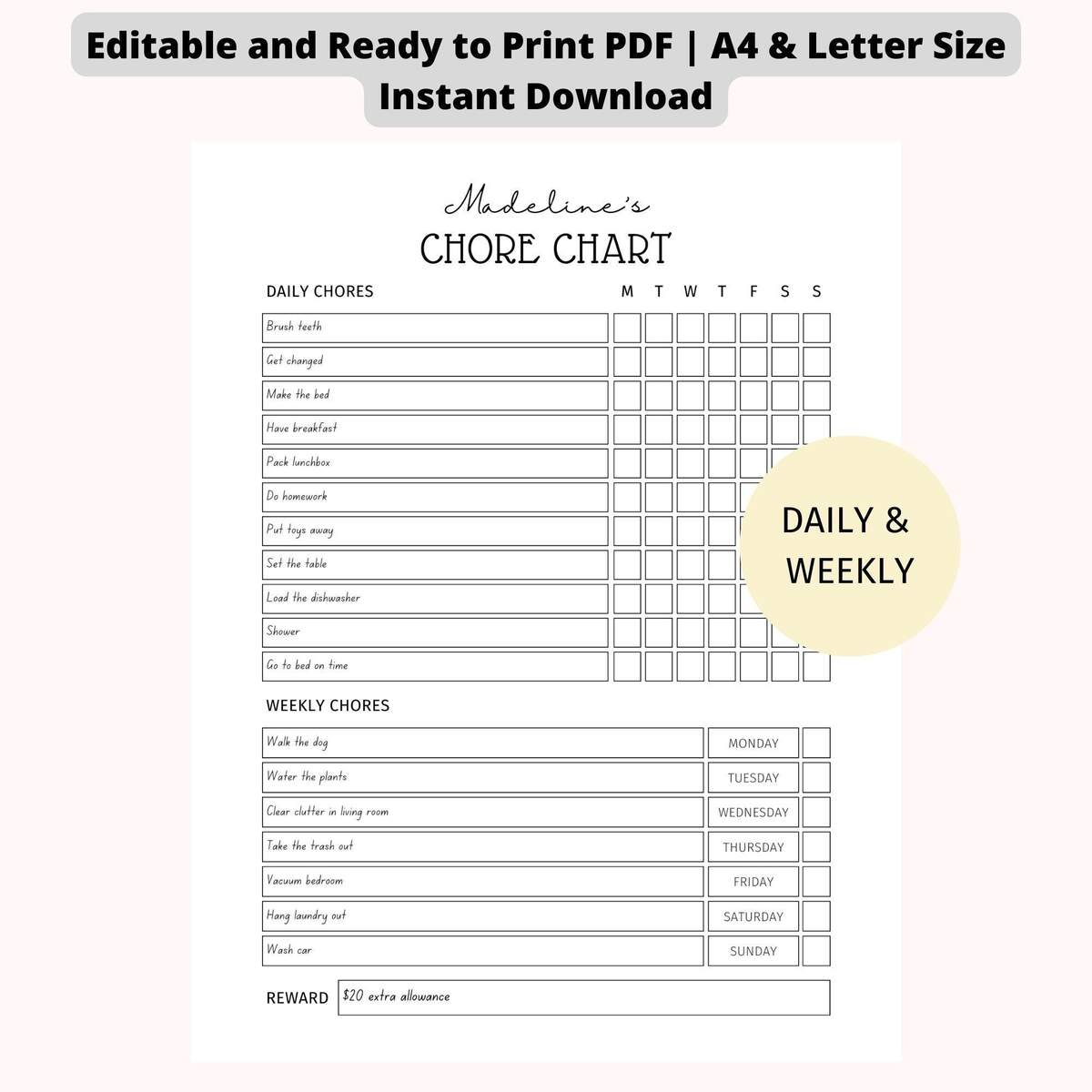 Editable Kids Chore Chart Daily Weekly Reward System Printable PDF Etsy Editable Kids Chore Chart Daily Weekly Reward System Printable PDF Etsy