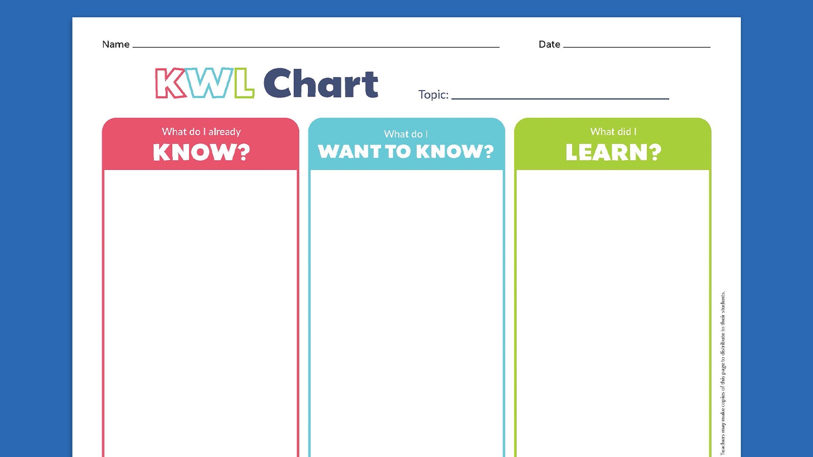 KWL Chart Printable Free PDF Graphic Organizer Template