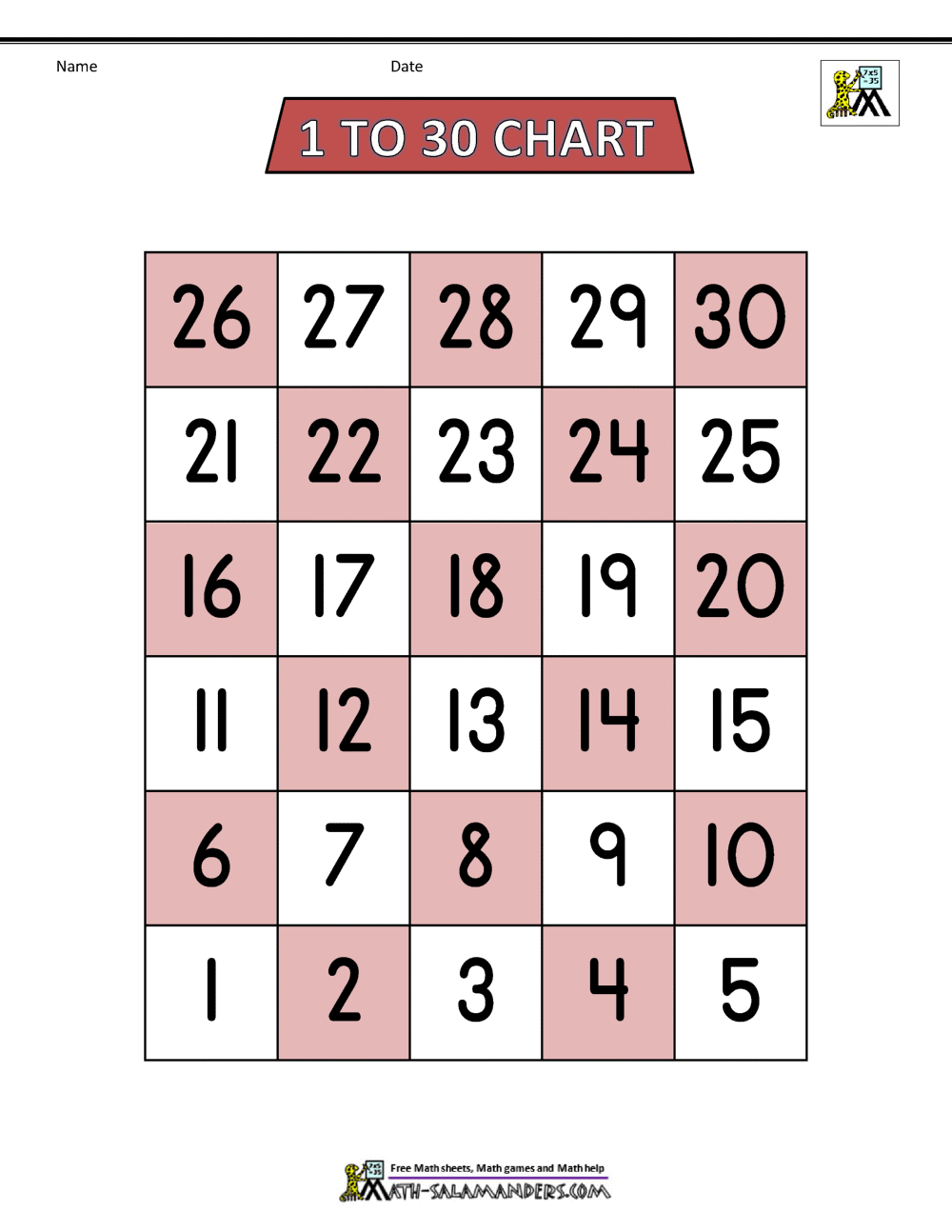 Number Chart 1 30 Printable