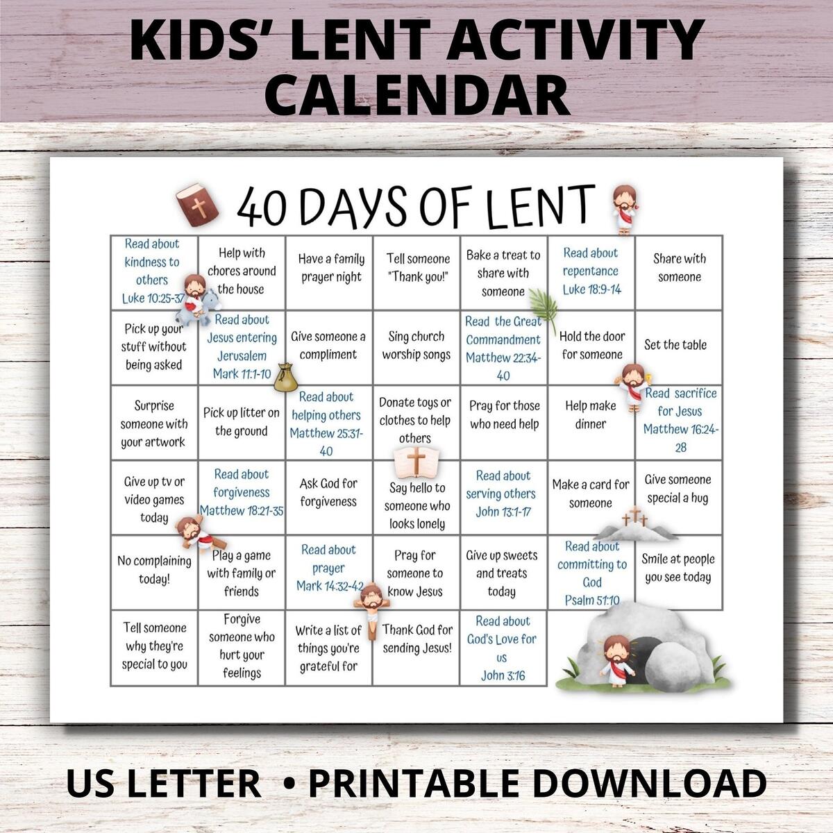 Kids 40 Days Lenten Calendar 2025 Lent Activity Calendar For Kids Ash Wednesday Bible Study Catholic Lent Family Activities Etsy