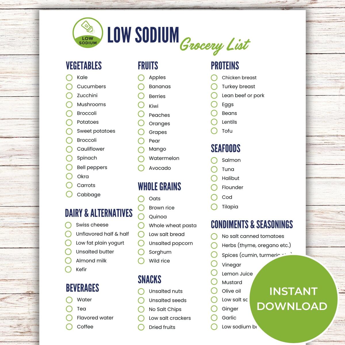 Low Sodium Grocery List Printable Low Sodium Food List Low Salt Diet Shopping List Printable PDF Etsy