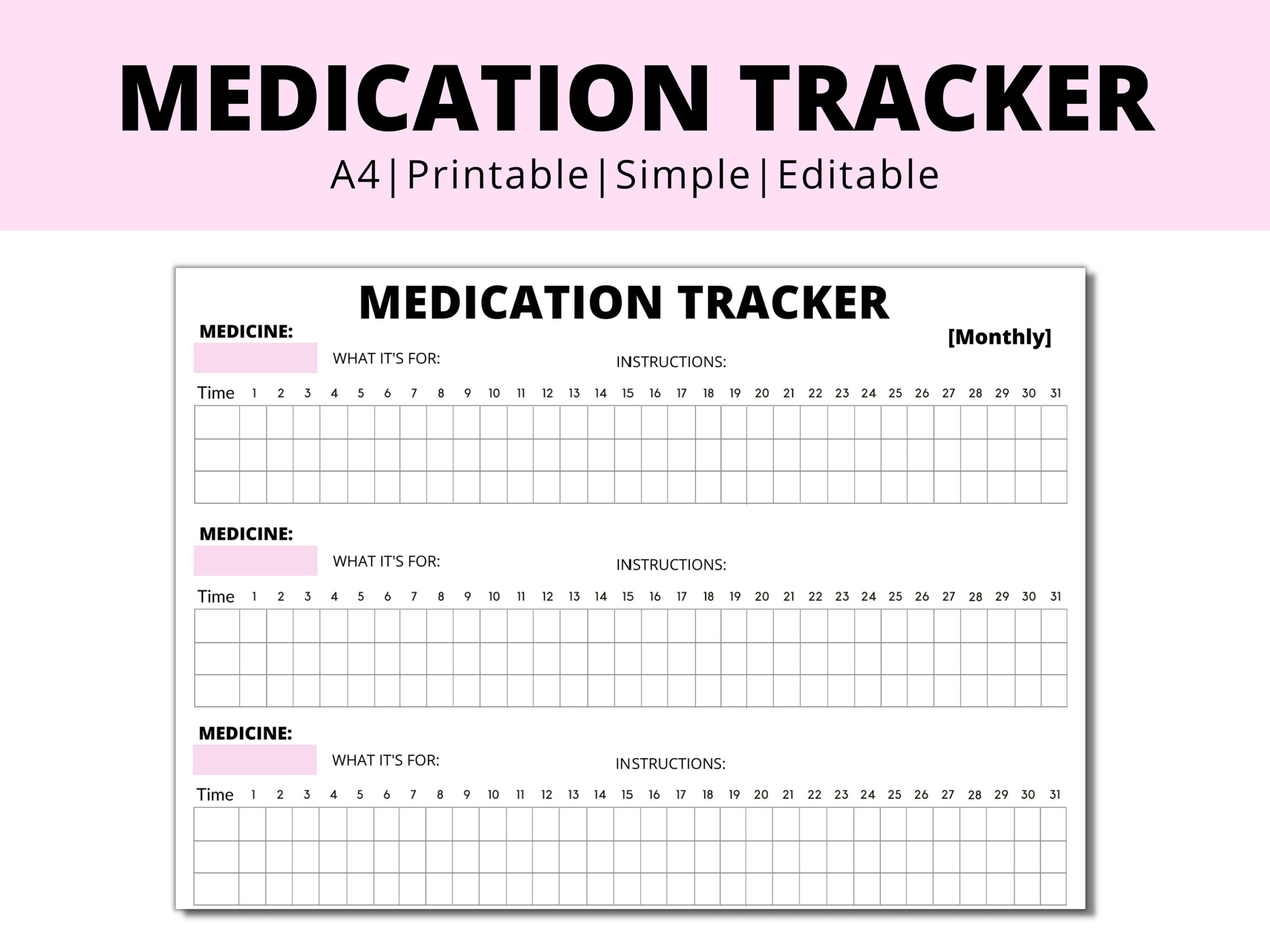 Printable Monthly Medication Tracker A4 Letter Digital Download Etsy