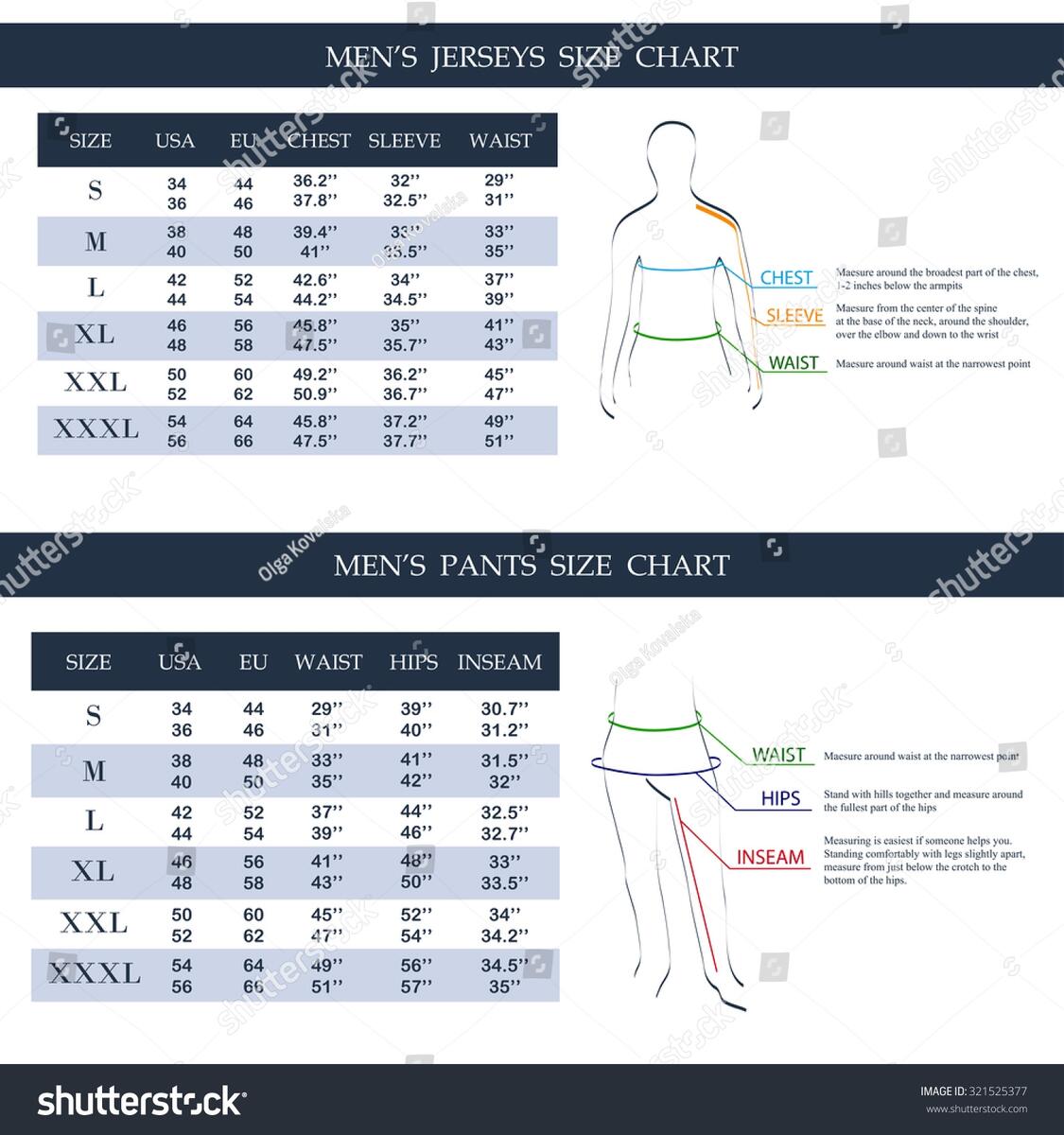 Mens Jerseys Pants Size Chart Measurements Stock Vector Royalty Free 321525377 Shutterstock