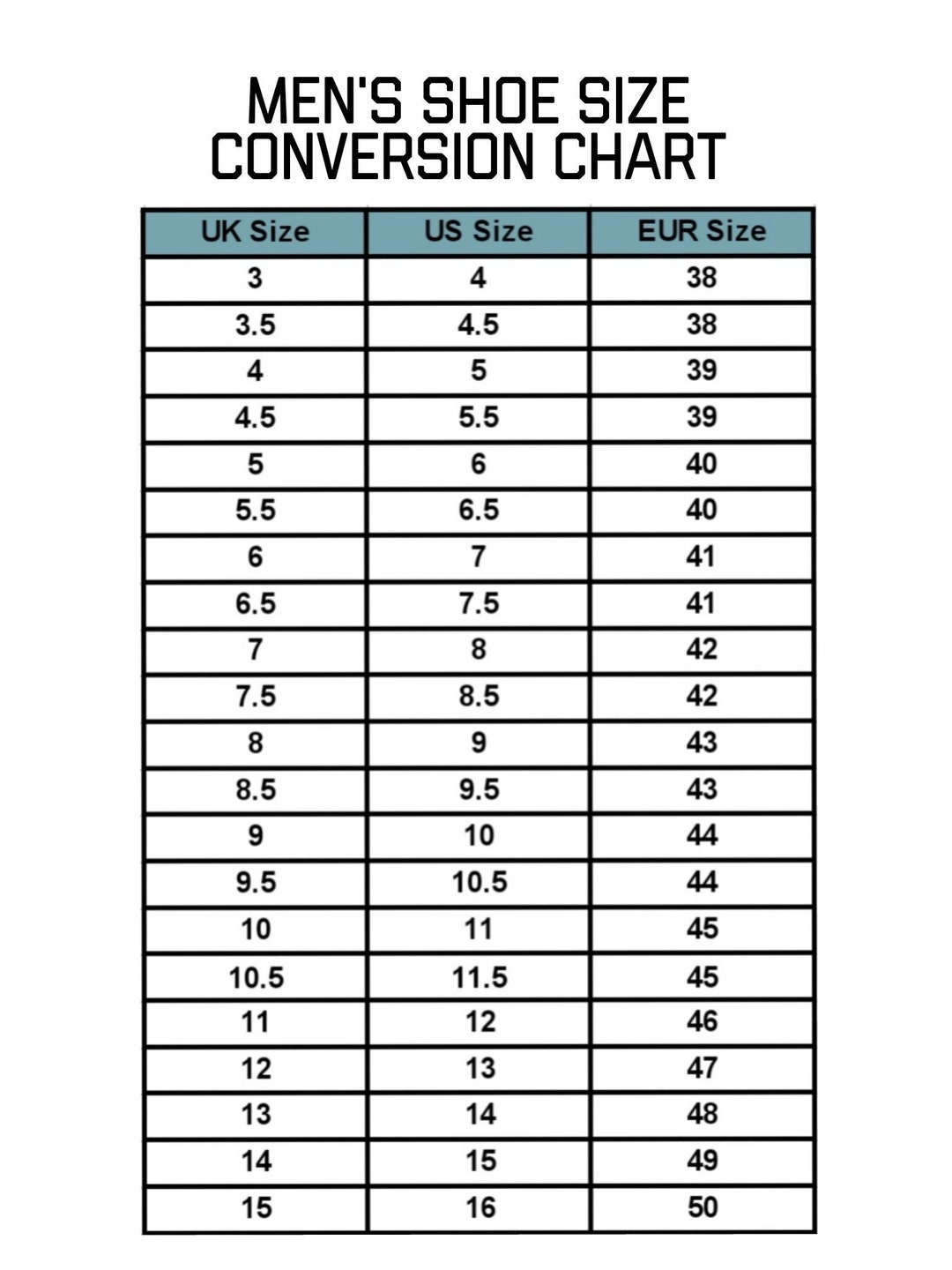 Mens Shoe Size Conversion Chart Template Instant Printable Digital Download Etsy