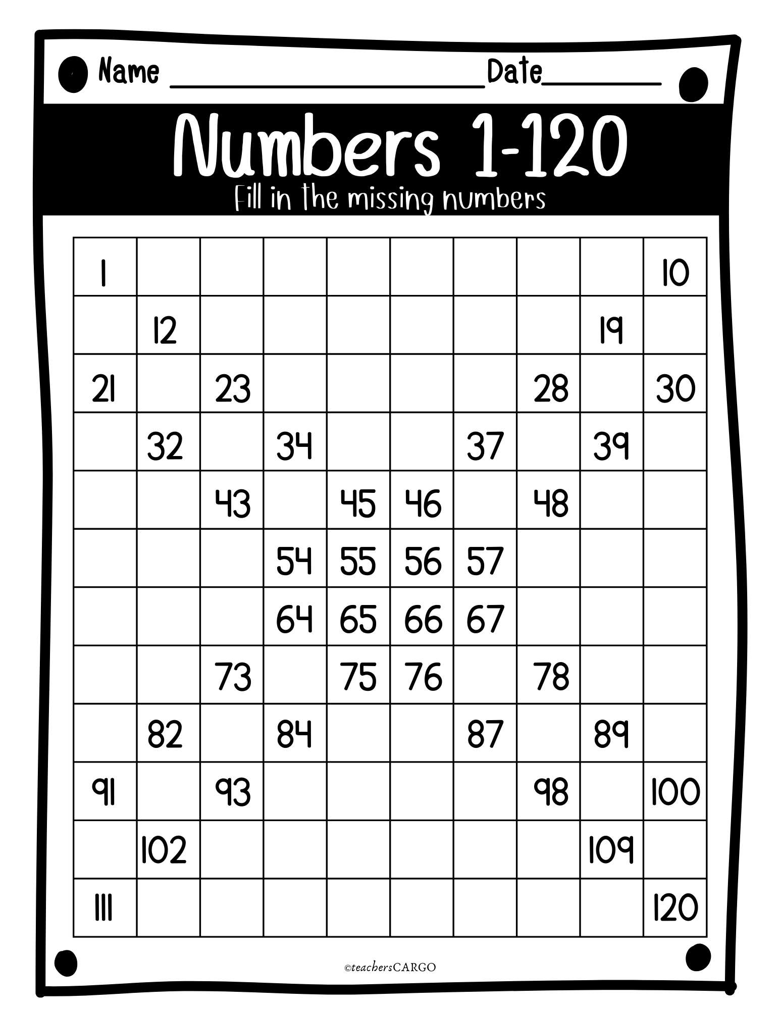 Missing Numbers To 120 Counting To 120 Worksheets 120 Chart And Blank Cha Made By Teachers