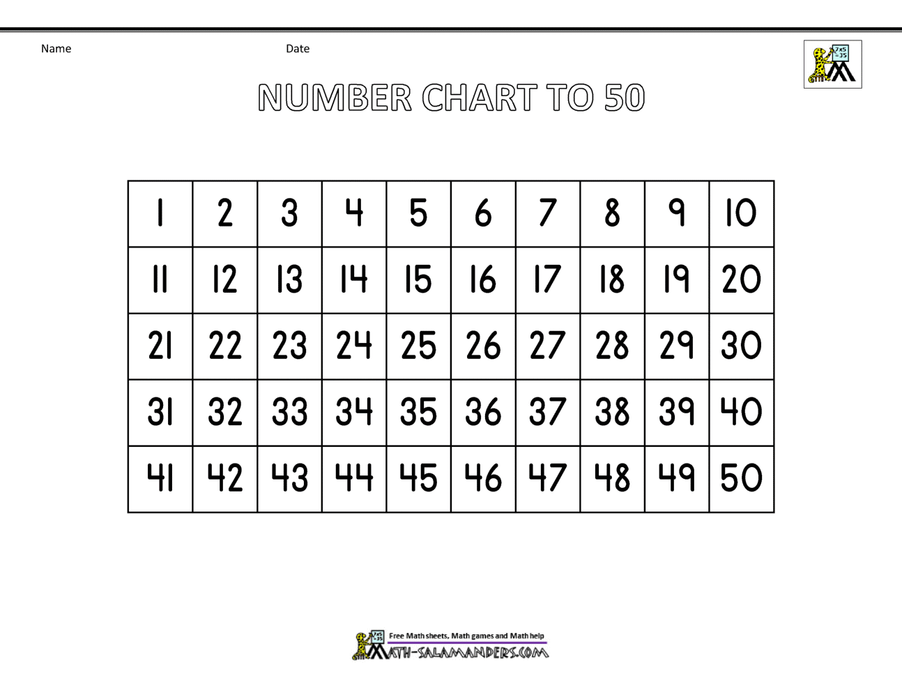 Number Chart To 50 Number Chart To 50
