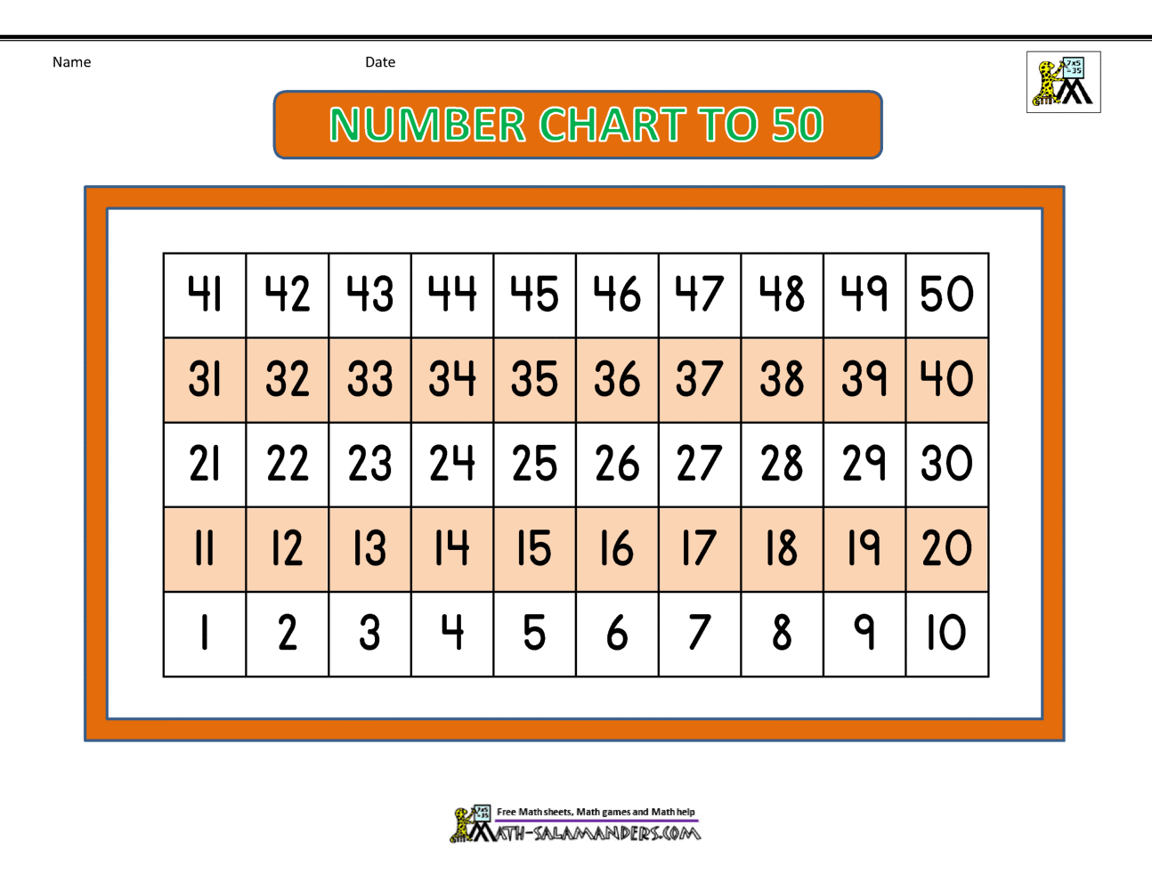 Number Chart To 50 Number Chart To 50