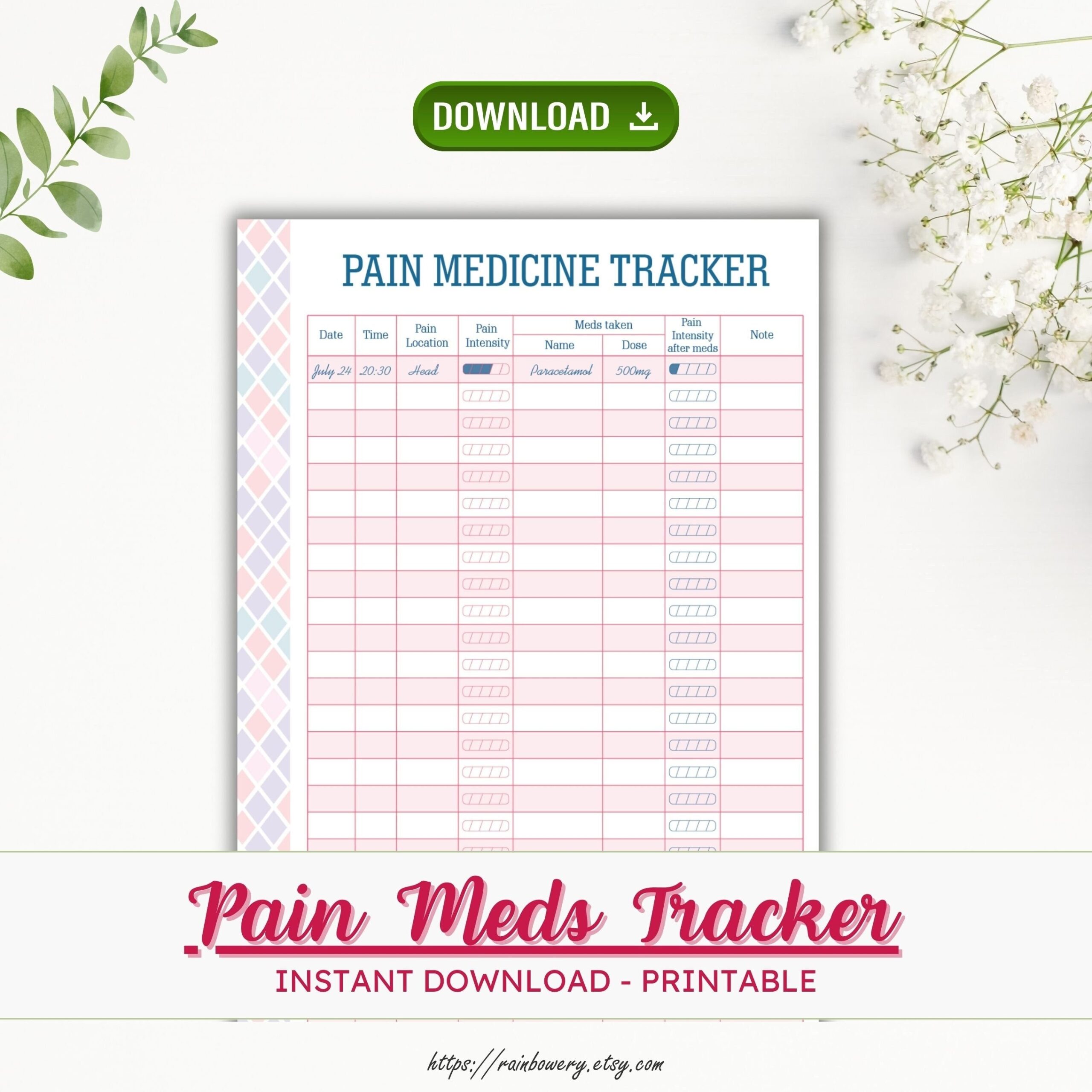 Pain Medicine Tracker Pain Medication Tracker Pain Meds Tracker Migraine Medicine Headache Tracker Chronic Pain Tracker Pain Meds Log Etsy