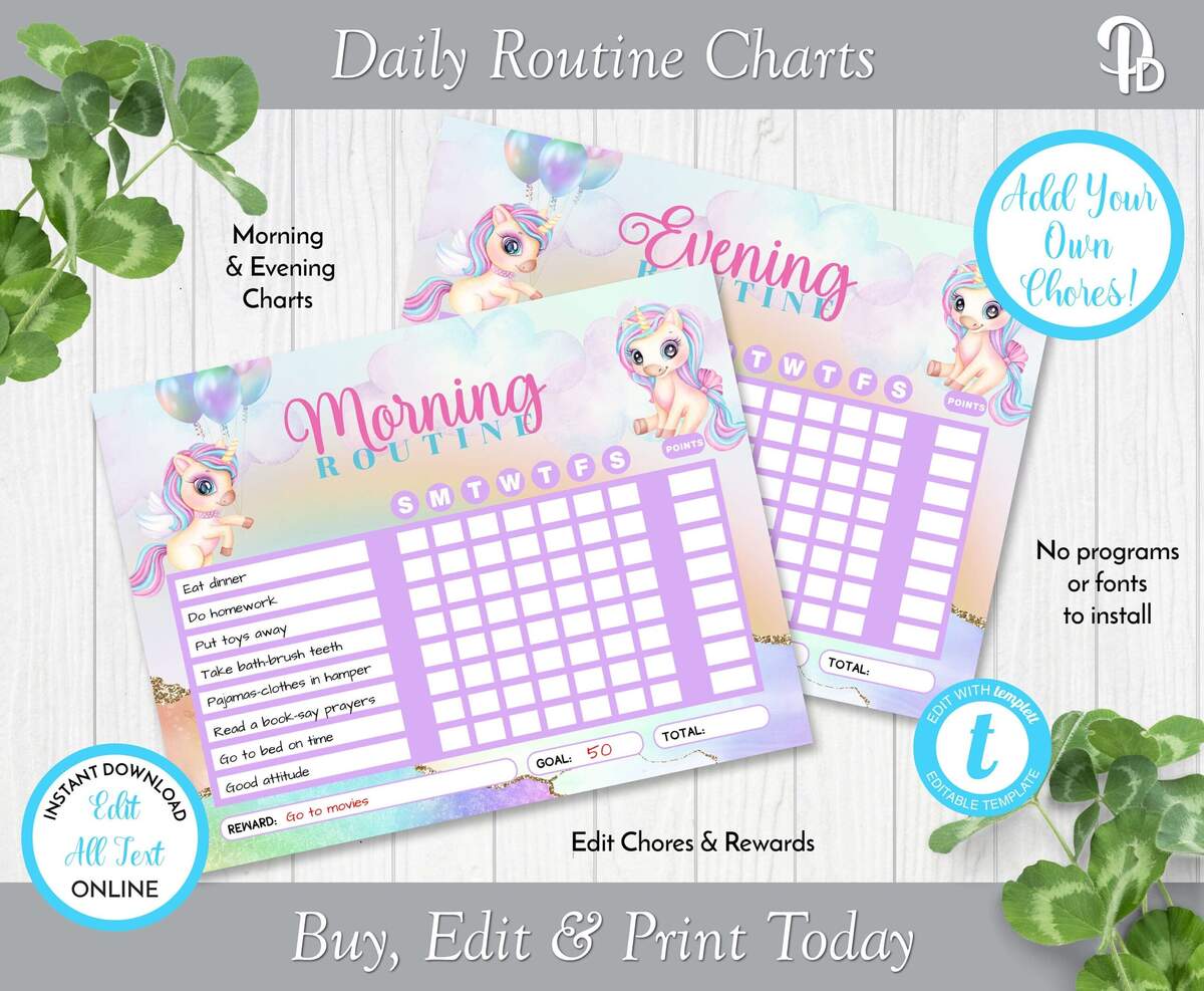 Pastel Unicorn Rainbow Children S Daily Routine Charts Morning Routine Chart Bedtime Routine Chart Edit In Templett ZDC 26017 C117 Etsy Pony Morning Routine Chart Printable Flip Chore Chart For Kids Daily Ready Before School Checklist Toddler Visual Schedule Reward Chart Etsy