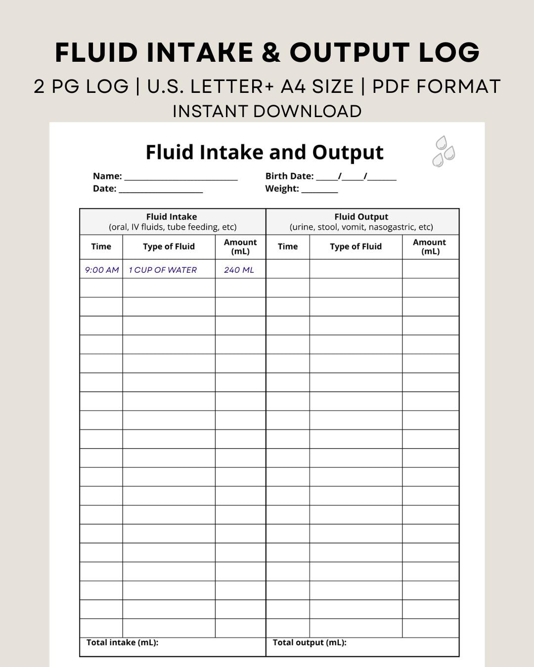 Printable Fluid Intake And Output Log Intake And Output Record Fluid Balance Chart Measurement Chart Health Tracker Instant Download Etsy Israel