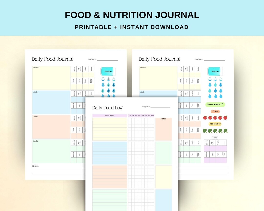 Printable Food Journal Daily Food Diary Calorie Tracker Carb Counter Macro Tracker Meal Planner Daily Calorie Counter Daily Food Log Etsy