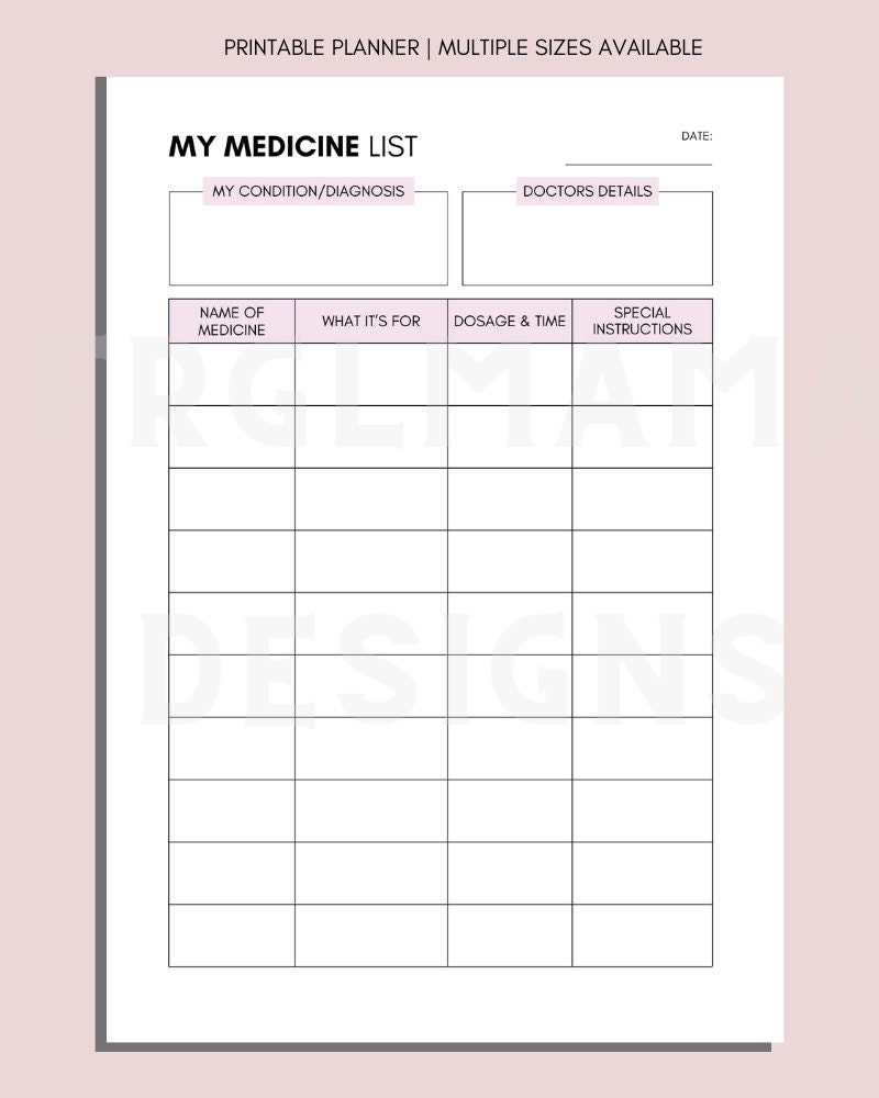 Printable Medication Tracker Daily Medication Log A4 A5 US Letter PDF Etsy
