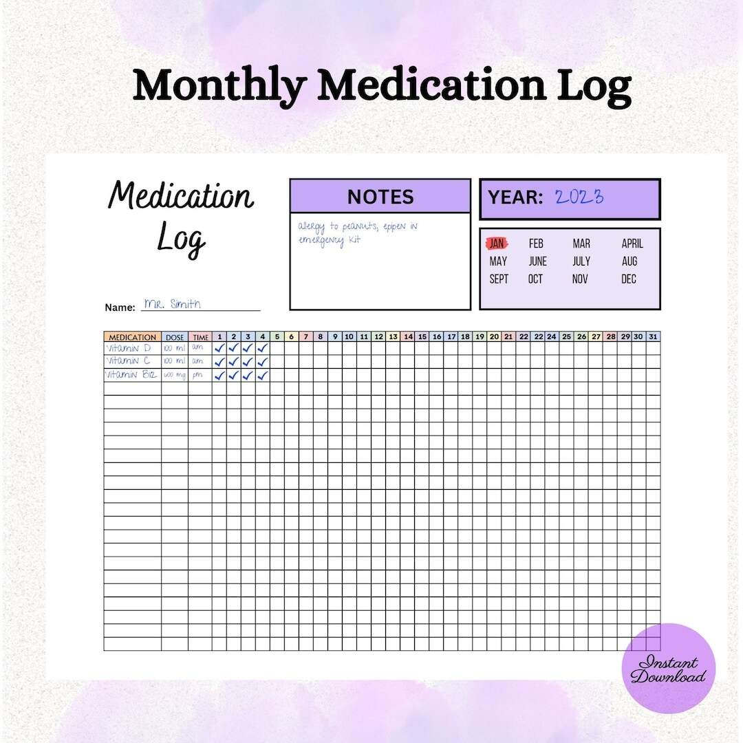 Printable Monthly Medication Tracker A4 Letter Digital Download Etsy