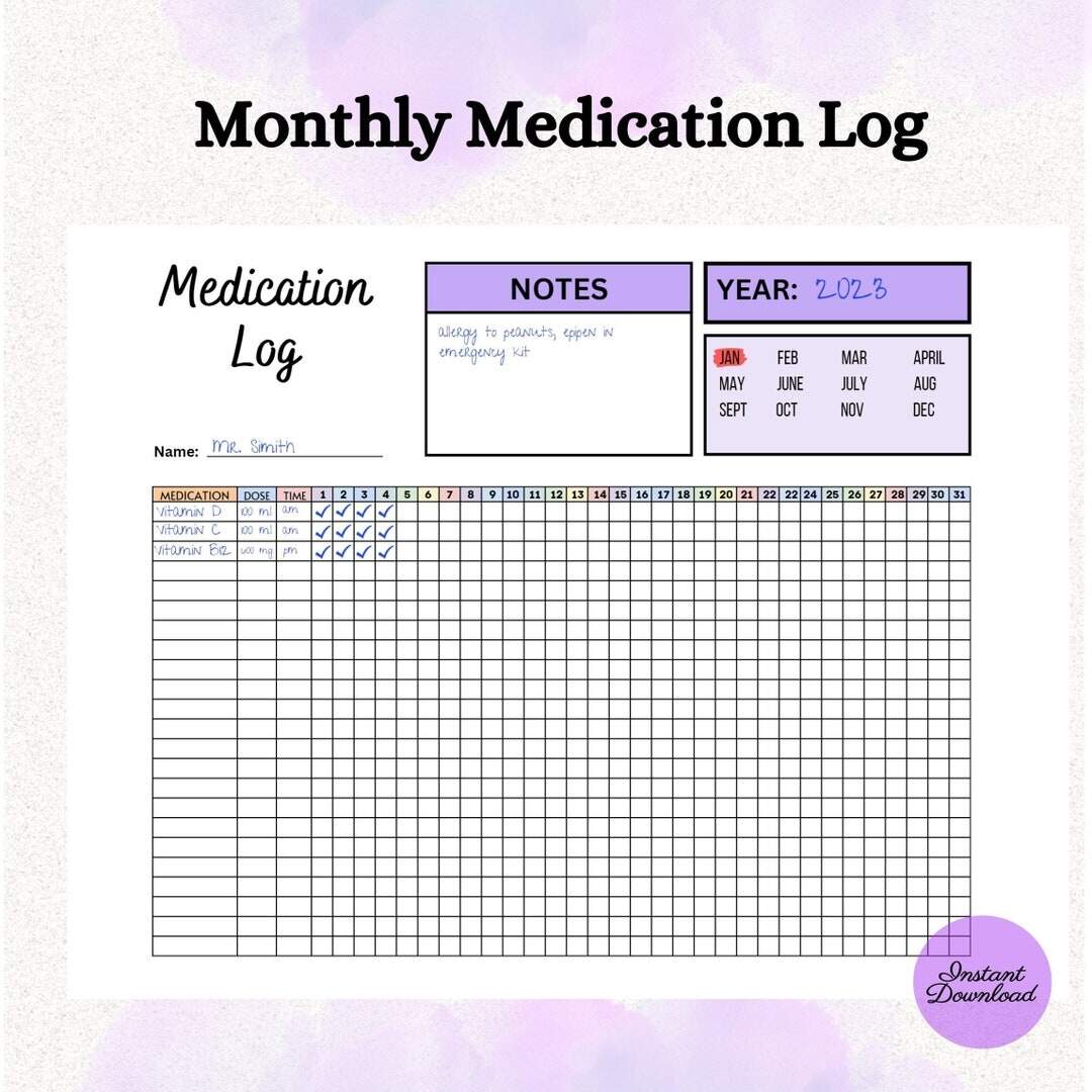 Printable Monthly Medication Tracker A4 Letter Digital Download Etsy
