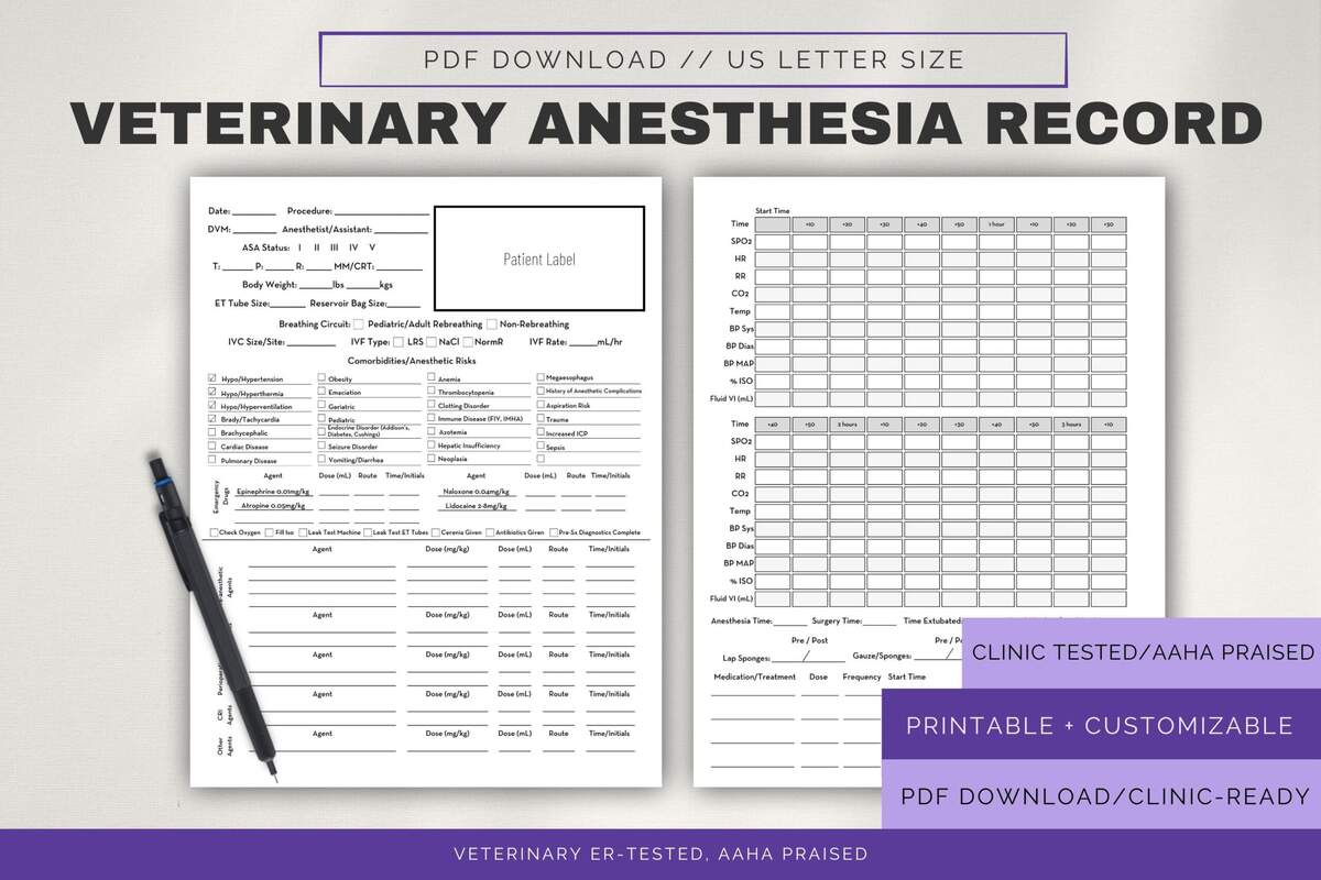 Vet Anesthesia Monitoring Sheet Customizable Surgery Record PDF Etsy