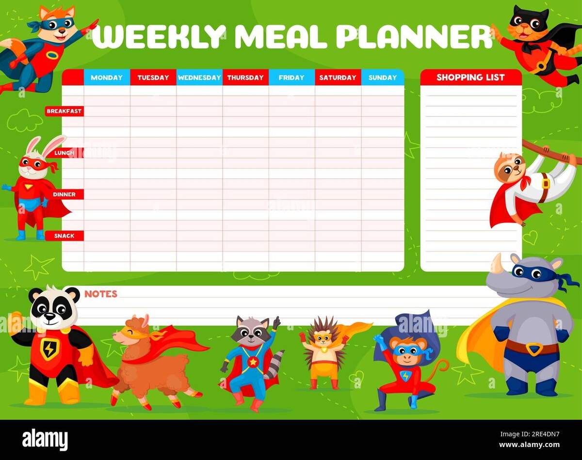 Weekly Meal Planner Cartoon Superhero Animal Characters Diet Food Plan Or Week Menu Vector Template Meal