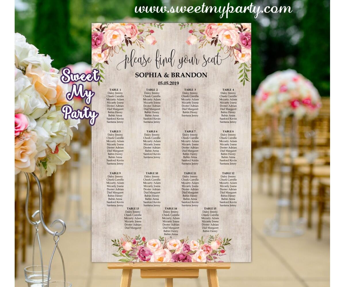 Floral Wedding Table Plan Floral Wedding Seating Plan Rustic Wedding Reception Seating Sign Boho Wedding Table Seating Seating Chart Wedding Ideas Floral Reception Seating Chart Rustic Wedding Seating Arrangements Wedding Reception Sweetmyparty