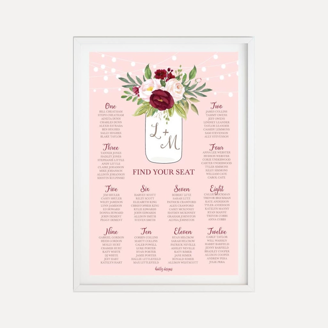 Mason Jar Rustic Burgundy Blush Wedding Seating Chart Sign Template template Seating Chart Seating Plan Printable Wedding Seating Plan Etsy